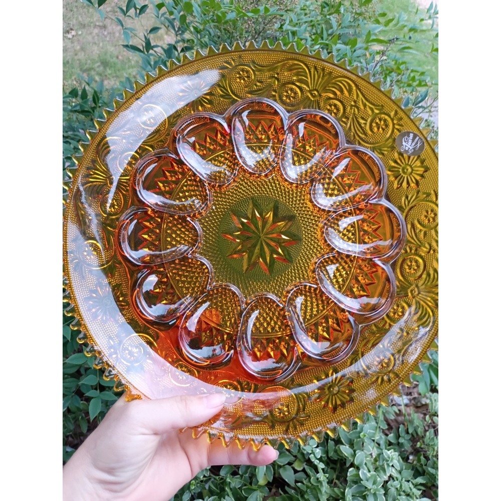 Indiana Tiara Amber Egg Plate Sawtooth Edge With Brass Stand,‎ Orig Sticker 11"